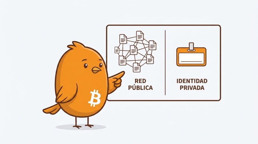 Pajarito explica que Bitcoin muestra transacciones públicas asociadas a direcciones, pero no necesariamente a nombres: seudonimato, no anonimato.