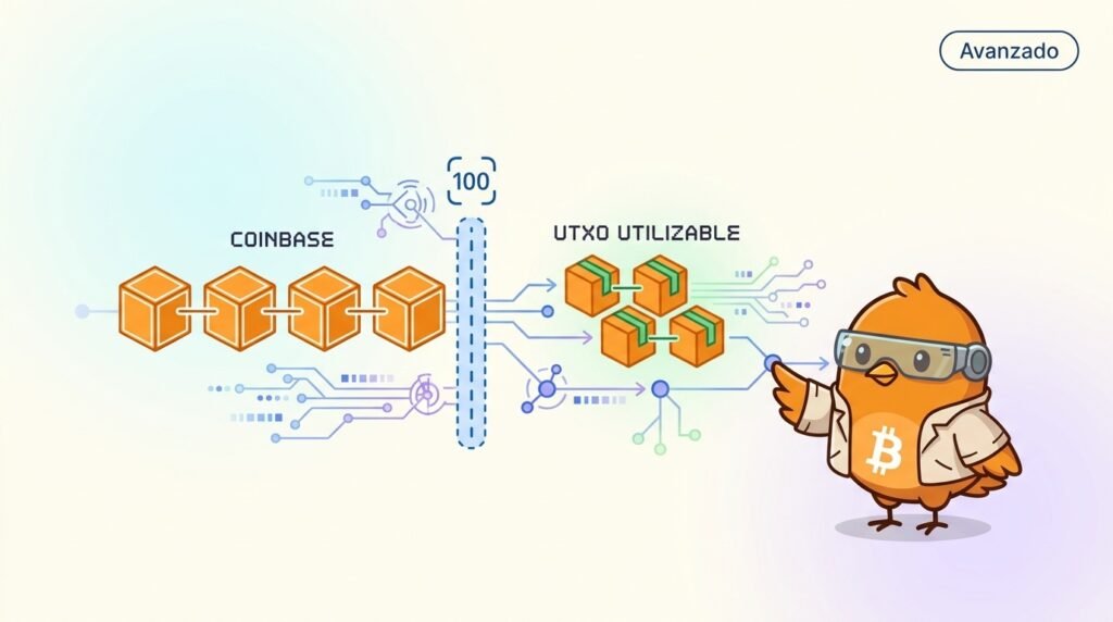 Ilustración vectorial de Pajarito señalando una recompensa coinbase que debe atravesar una secuencia de 100 bloques antes de que su UTXO pueda gastarse; al fondo aparecen ramas alternativas de una reorganización.