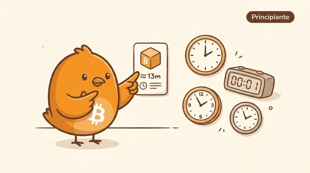 Pajarito compara la marca temporal aproximada de un bloque de Bitcoin con varios relojes, mostrando que la red no depende de un reloj central.