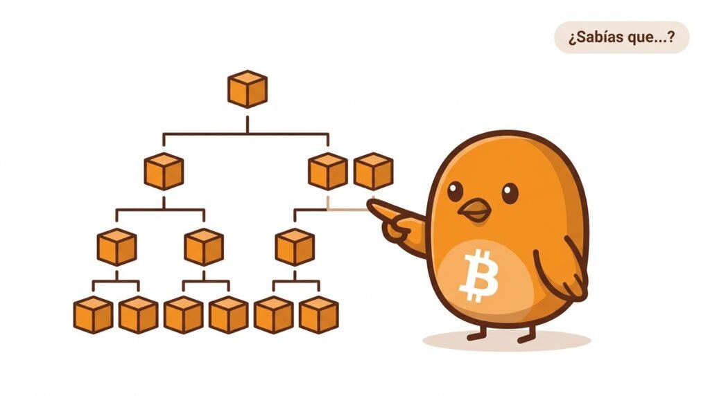 Pajarito señala un árbol de Merkle de Bitcoin en el que el último hash de una capa impar se duplica para formar parejas y llegar a una raíz única.