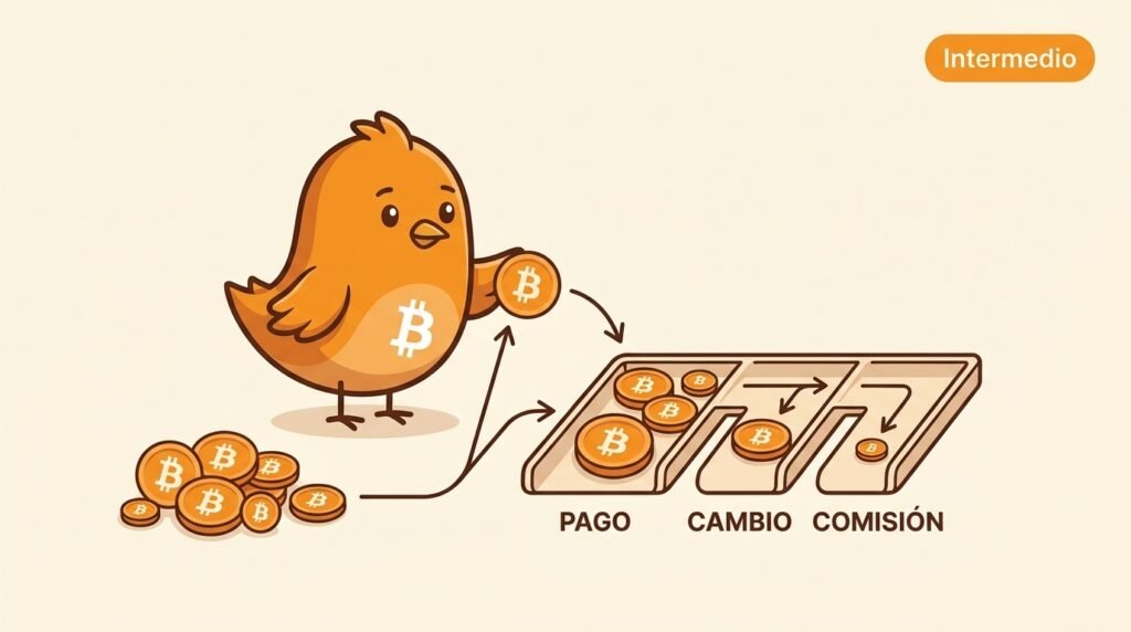 Pajarito selecciona varias fichas UTXO de distintos tamaños y las dirige a una transacción que separa el pago, el cambio y la comisión.