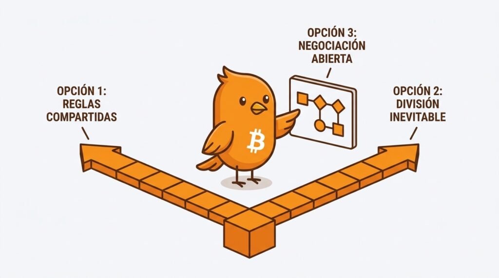 Pajarito observa dos ramas de bloques de Bitcoin que salen de un mismo punto mientras compara reglas verificables.