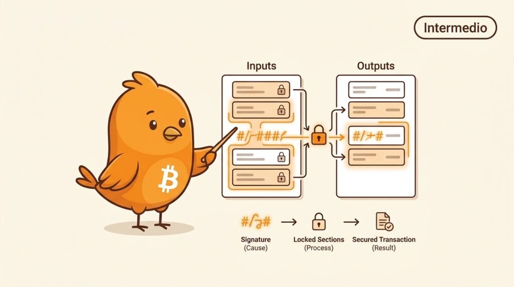 Ilustración vectorial de Pajarito explicando cómo SIGHASH determina qué entradas y salidas de una transacción de Bitcoin quedan protegidas por una firma.
