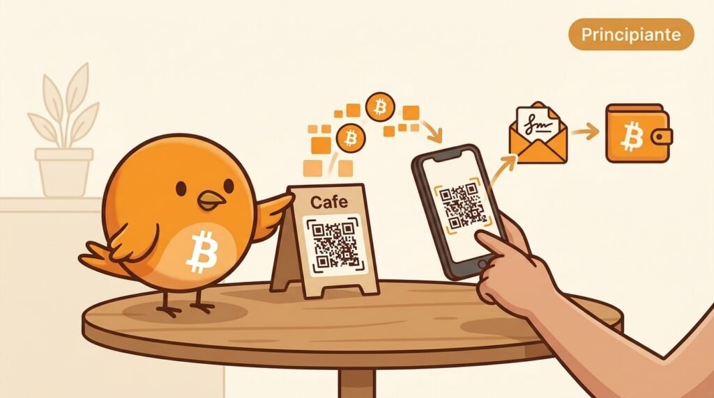 Ilustración vectorial cálida: Pajarito muestra que escanear un QR de Bitcoin solo lee los datos del pago; después la wallet crea y firma la transacción para que los nodos la verifiquen.