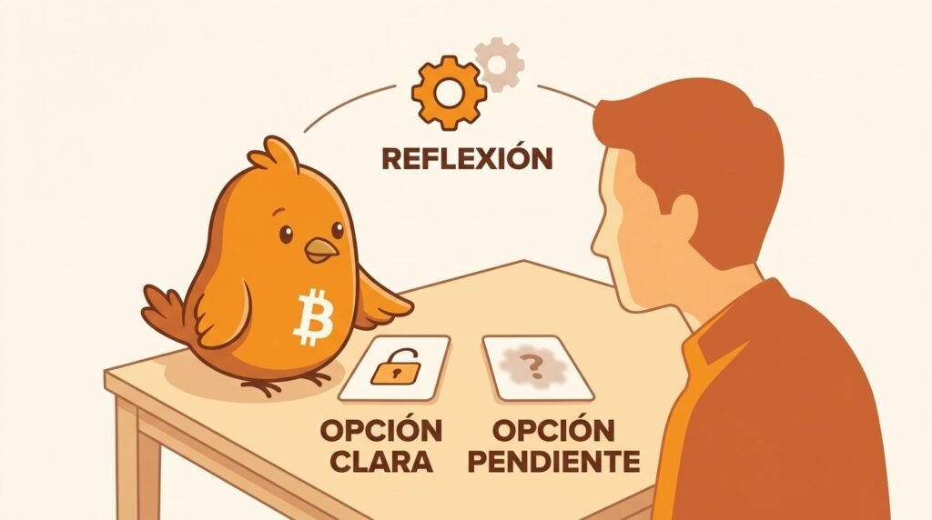 Pajarito conversa con una persona sobre dos partes de Bitcoin: una fácil de entender y otra que todavía necesita otro ejemplo.