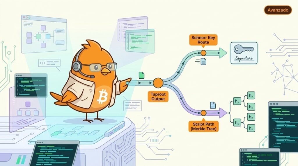 Ilustración vectorial de Pajarito explicando Taproot: una salida comprometida con un árbol de scripts ofrece una ruta de firma y otra de script, pero solo la ruta usada se revela al gastar.