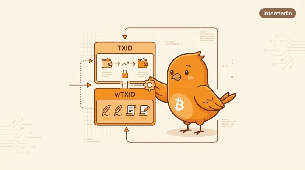 Pajarito muestra una transacción de Bitcoin separada en dos identificadores: TXID, que omite los datos witness, y wTXID, que los incluye.