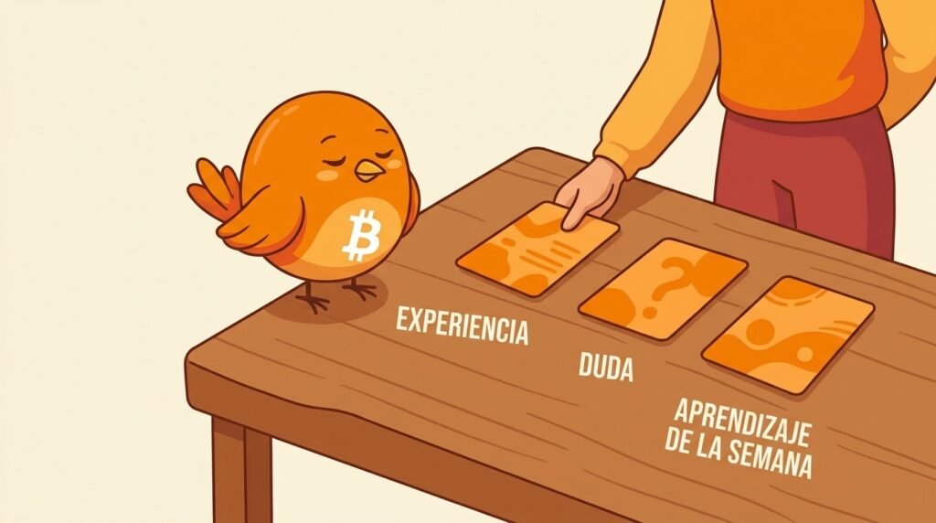 Pajarito acompaña a una persona que reúne en un cuaderno una experiencia, una duda y un aprendizaje sobre Bitcoin de la semana.