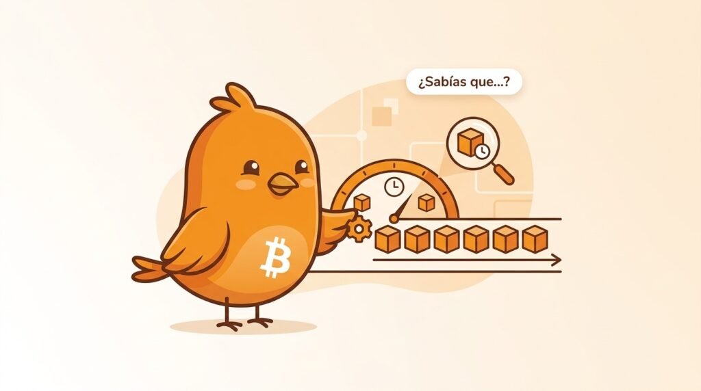 Pajarito ajusta un dial junto a un reloj y una fila de bloques de Bitcoin para representar el reajuste periódico de la dificultad de minería.
