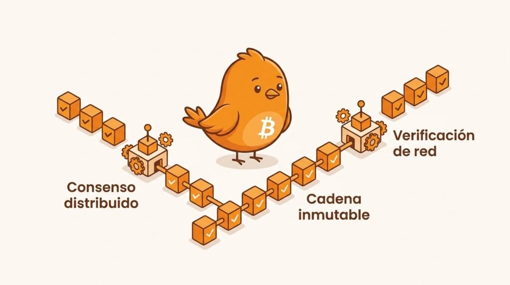 Pajarito observa dos nodos que verifican bloques por separado mientras una cadena activa común representa un estado compartido.