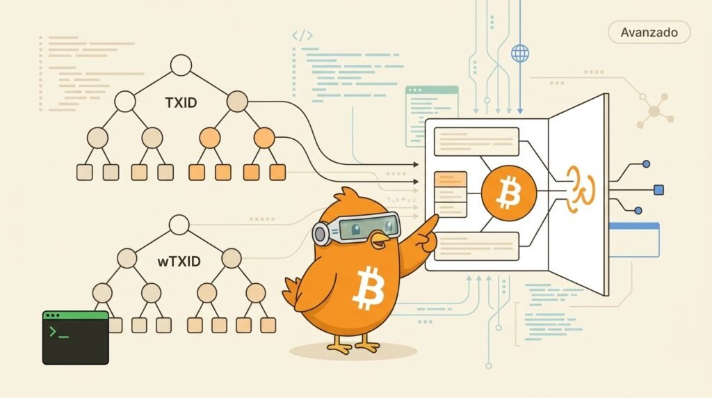 Pajarito explica mediante dos árboles de Merkle cómo los TXID y los wTXID se comprometen dentro de un bloque de Bitcoin, combinando la raíz wTXID con el witness reserved value en la coinbase.