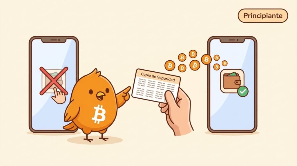 Pajarito muestra que borrar una wallet no borra los bitcoins: una copia de seguridad permite recuperar las claves en otra wallet.