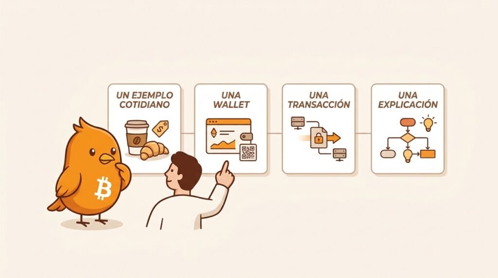 Pajarito ayuda a una persona a comparar cuatro formas de aprender Bitcoin: un ejemplo cotidiano, probar una wallet, leer una transacción o escuchar una explicación.