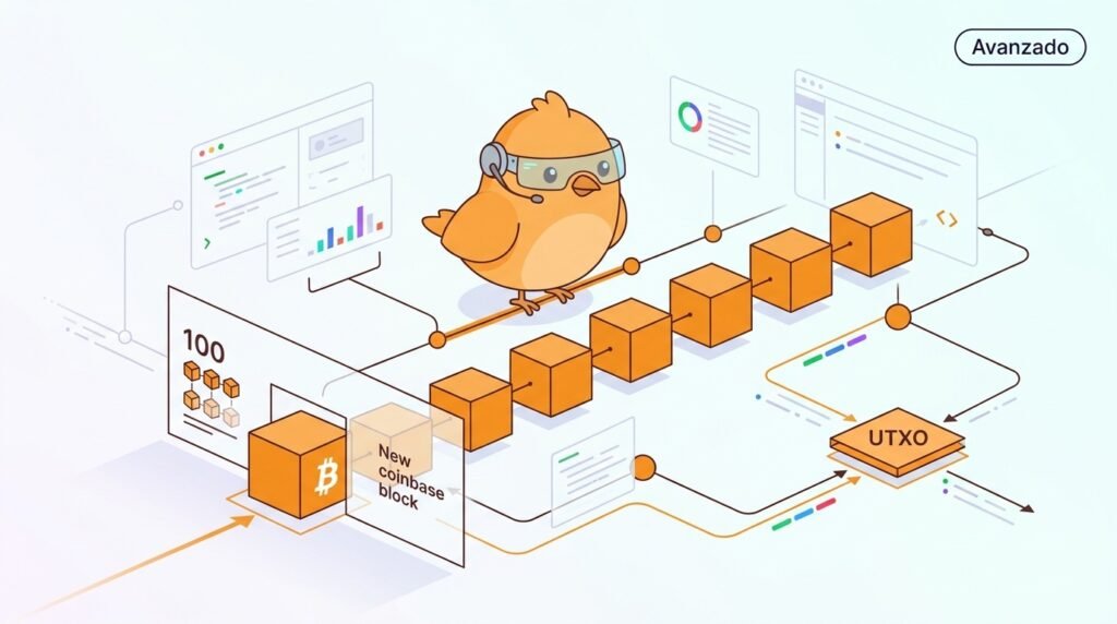 Pajarito señala una coinbase bloqueada hasta que pasan 100 bloques posteriores, mientras una rama alternativa de la cadena muestra por qué la recompensa debe madurar antes de gastarse.