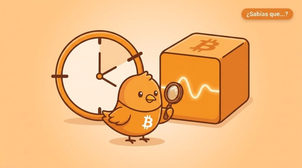 Pajarito señala un bloque de Bitcoin junto a un reloj con límites, representando que su marca temporal está acotada pero no es una hora exacta.