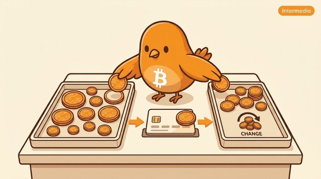 Pajarito selecciona varias fichas UTXO para cubrir un pago y separa el sobrante como cambio.