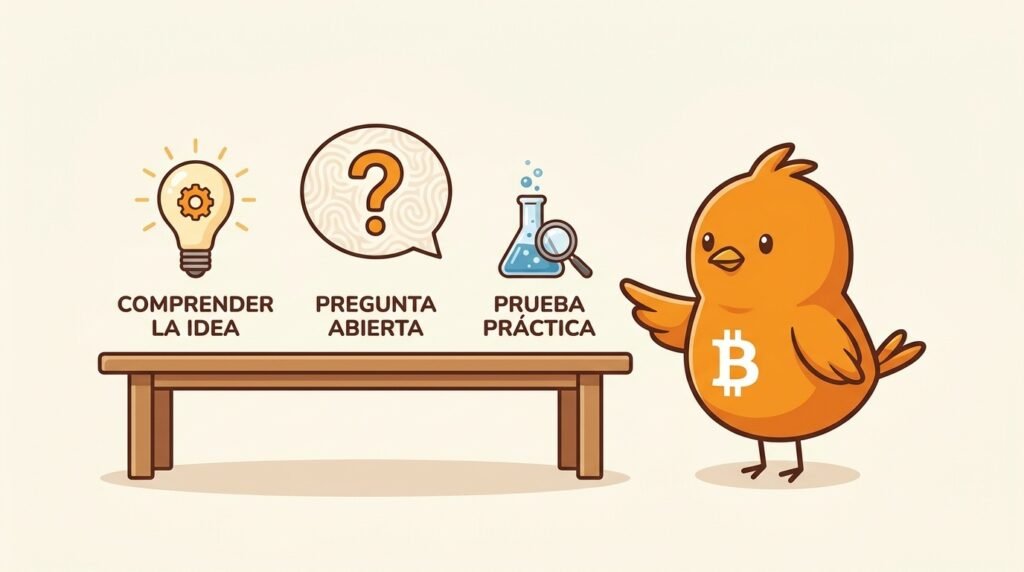 Pajarito observa un cuaderno, un globo de diálogo y un símbolo Bitcoin naranja, representando distintas formas de acercarse al aprendizaje sobre Bitcoin.