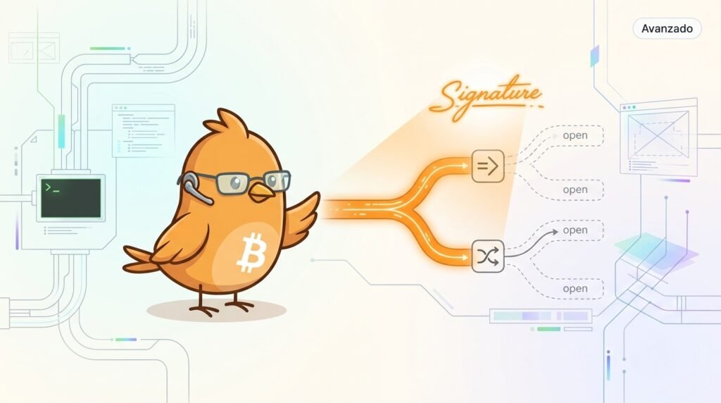 Ilustración vectorial de Pajarito analizando una transacción de Bitcoin cuyas firmas cubren unas entradas y salidas, mientras un nodo verifica la transacción completa.