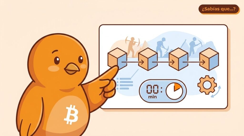 Pajarito muestra cómo Bitcoin ajusta la dificultad de minería para mantener aproximadamente diez minutos entre bloques.