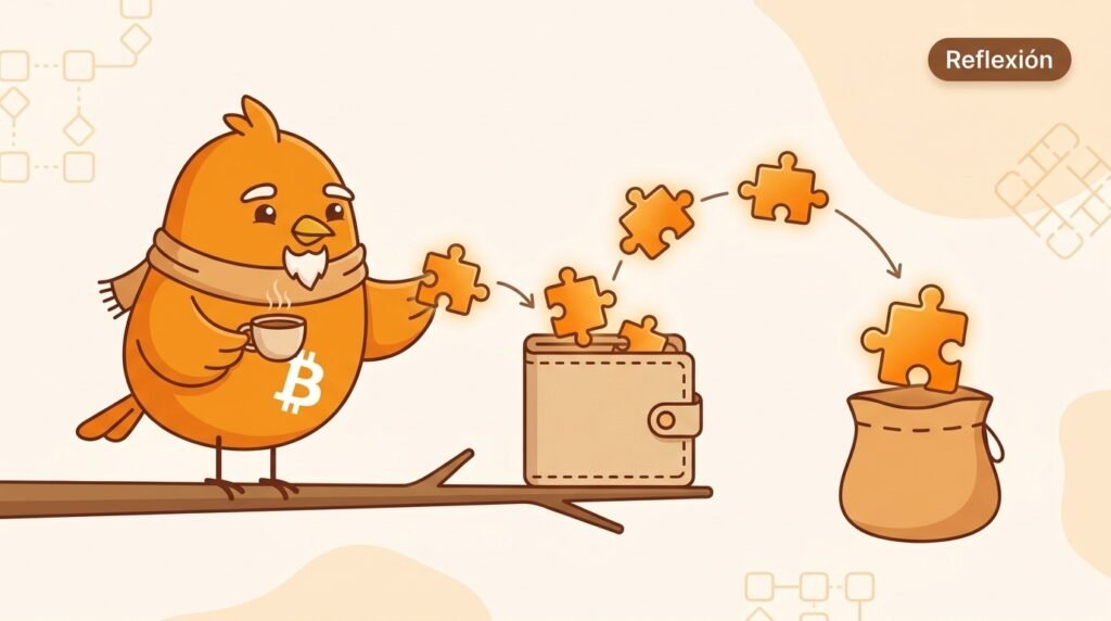 Pajarito observa cómo una wallet selecciona varias piezas UTXO para un pago y envía otra pieza a una dirección de cambio separada.