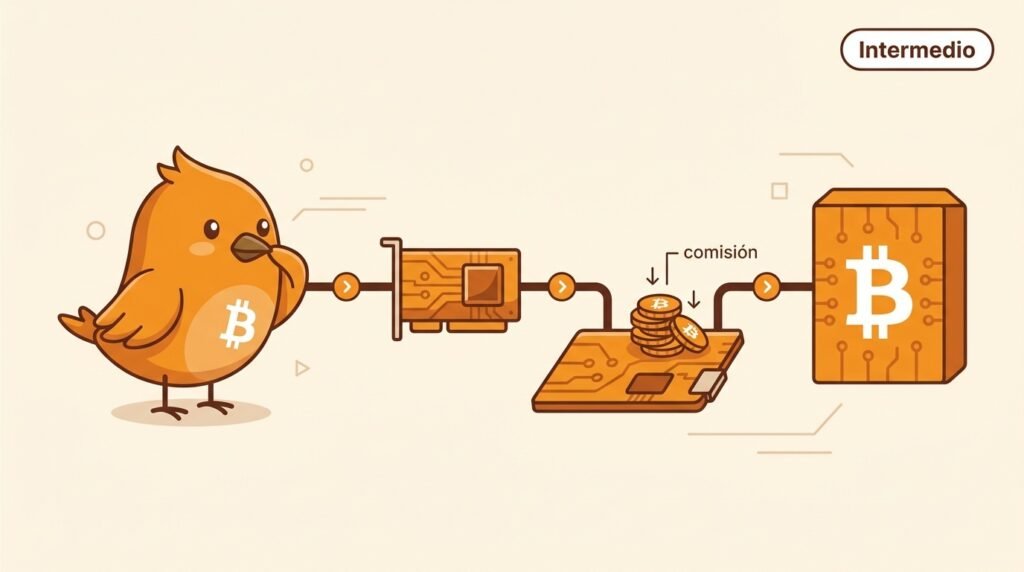 Ilustración vectorial cálida de Pajarito mostrando cómo una transacción hija con una comisión mayor puede acompañar a su transacción madre hacia un bloque de Bitcoin mediante CPFP.