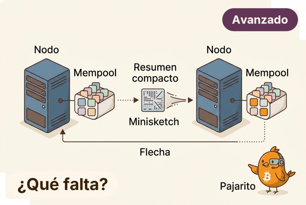 Pajarito ayuda a dos nodos a comparar resúmenes compactos de transacciones, identificar cuáles faltan y solicitar solo las diferencias.