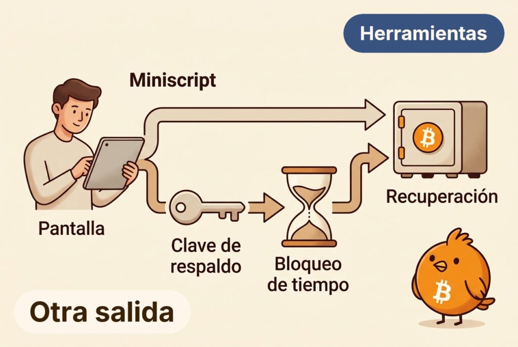 Pajarito señala dos caminos hacia una caja con símbolo Bitcoin: uno usa la llave habitual y otro la llave de respaldo tras una espera indicada por un reloj de arena.