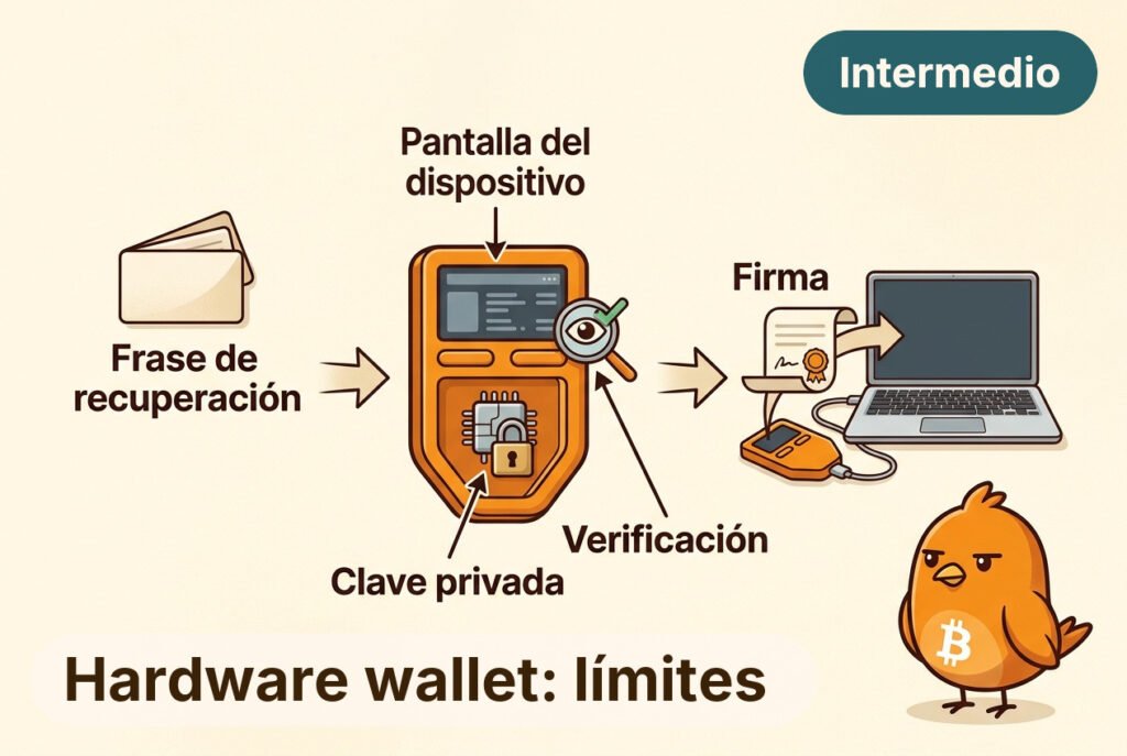 Pajarito compara una transacción en un ordenador con los datos de una hardware wallet. La clave privada permanece dentro del dispositivo y solo sale la firma; una tarjeta de recuperación apartada recuerda que el aparato no protege una copia expuesta.