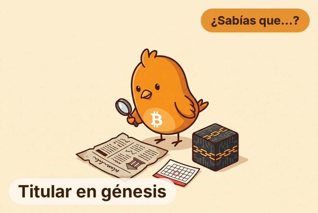 Pajarito señala un titular de periódico y una marca de calendario conectados visualmente con el bloque génesis.