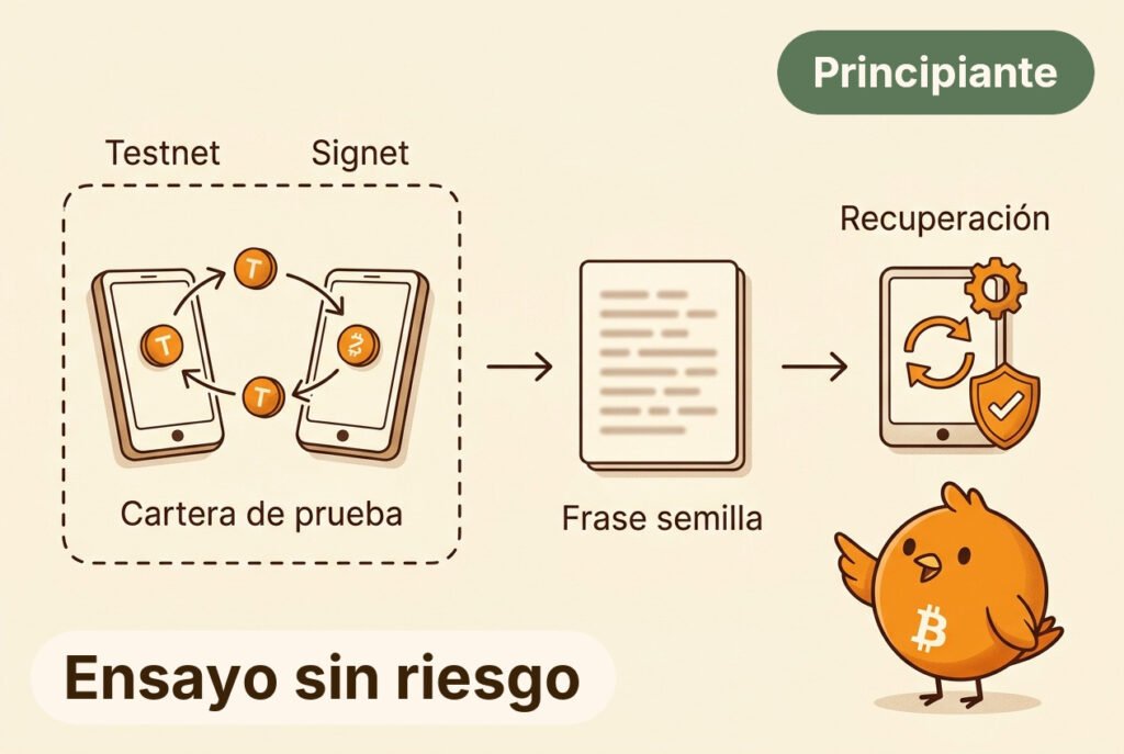Pajarito practica un envío entre carteras de prueba y ayuda a restaurar una cartera usando una copia de respaldo.