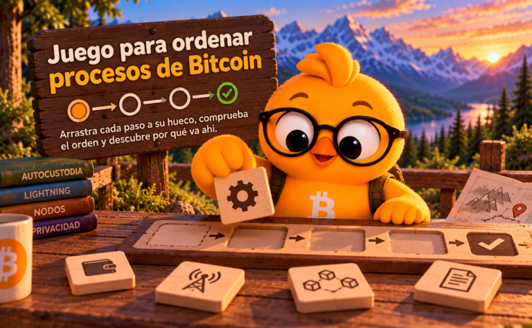 Pajarito colocando en orden tarjetas numeradas con los pasos de un proceso de Bitcoin.