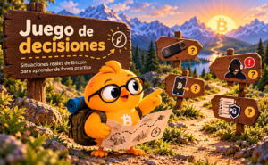 Pajarito, pensativo, ante varias situaciones de Bitcoin: una hardware wallet, un mensaje sospechoso, un envío y una caja fuerte.