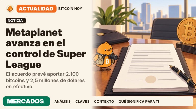 Pajarito, vestido de fotoperiodista, junto al titular «Metaplanet obtiene vía para controlar Super League». El acuerdo prevé aportar 2.100 bitcoins y 2,5 millones de dólares en efectivo. Actualidad · MERCADOS.