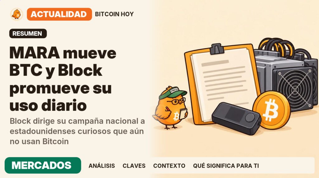 Pajarito, vestido de editor de redacción, junto al titular «MARA traslada 1.000 BTC; Block lanza campaña». Block dirige su campaña nacional a estadounidenses curiosos que aún no usan Bitcoin. Actualidad · MERCADOS.