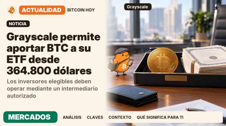 Pajarito, vestido de repartidor de periódicos, junto al titular «Grayscale acepta criptomonedas en diez productos». Los inversores elegibles deben operar mediante un intermediario autorizado. Actualidad · MERCADOS.