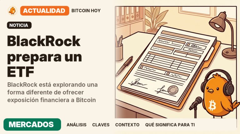 Pajarito, vestido de locutor de radio, junto al titular «BlackRock solicita un ETF con protección». El fondo aún requiere la aprobación de la SEC antes de operar. Actualidad · MERCADOS.