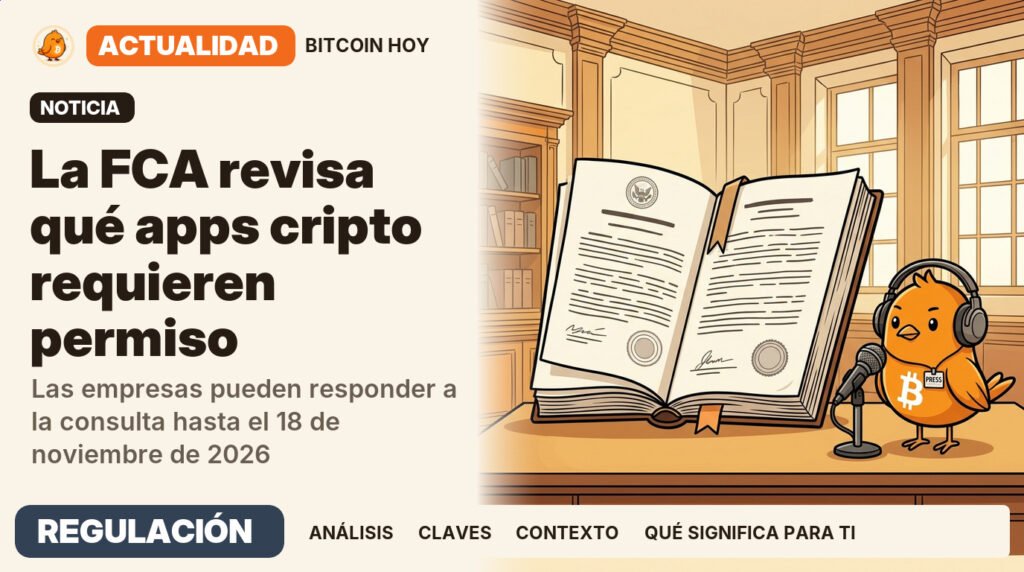 Pajarito, vestido de locutor de radio, junto al titular «La FCA plantea licencias para aplicaciones cripto». Las empresas pueden responder a la consulta hasta el 18 de noviembre de 2026. Actualidad · REGULACIÓN.