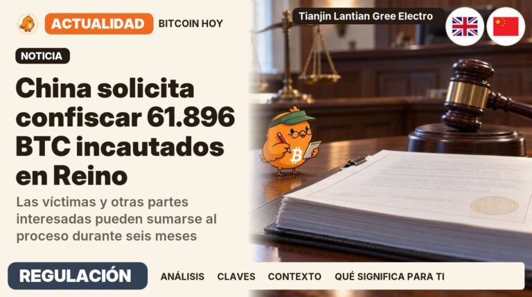 Pajarito, vestido de editor de redacción, junto al titular «China tramita la confiscación de 61.800 bitcoins». Las víctimas y otras partes interesadas pueden sumarse al proceso durante seis meses. Actualidad · REGULACIÓN.