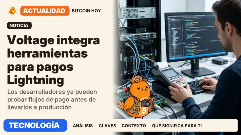 Pajarito, vestido de fotoperiodista, junto al titular «Voltage integra herramientas para pagos Lightning». Los desarrolladores ya pueden probar flujos de pago antes de llevarlos a producción. Actualidad · TECNOLOGÍA.