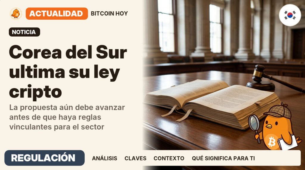 Pajarito, vestido de reportero de investigación, junto al titular «Corea del Sur avanza su proyecto cripto». La propuesta aún debe avanzar antes de que haya reglas vinculantes para el sector. Actualidad · REGULACIÓN.
