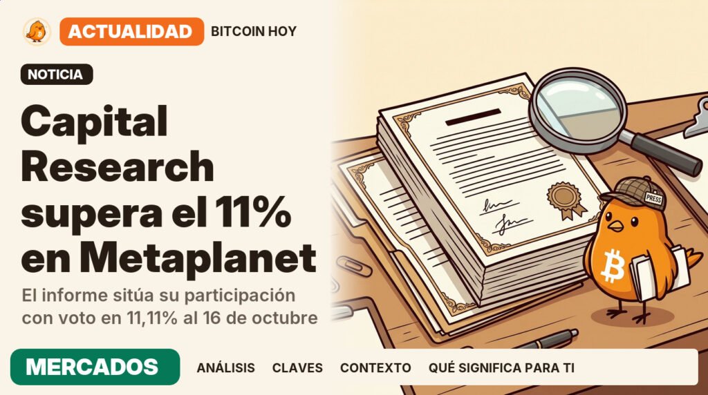Pajarito, vestido de reportero de investigación, junto al titular «Capital Research supera el 11% en Metaplanet». El informe sitúa su participación con voto en 11,11% al 16 de octubre. Actualidad · MERCADOS.