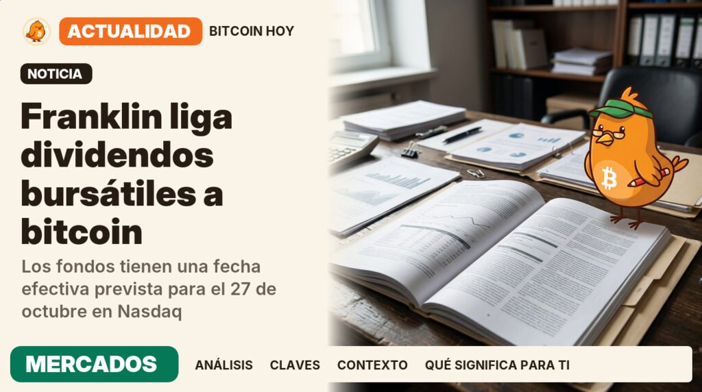 Pajarito, vestido de editor de redacción, junto al titular «Franklin Templeton registra dos ETF de bitcoin». Los fondos tienen una fecha efectiva prevista para el 27 de octubre en Nasdaq. Actualidad · MERCADOS.