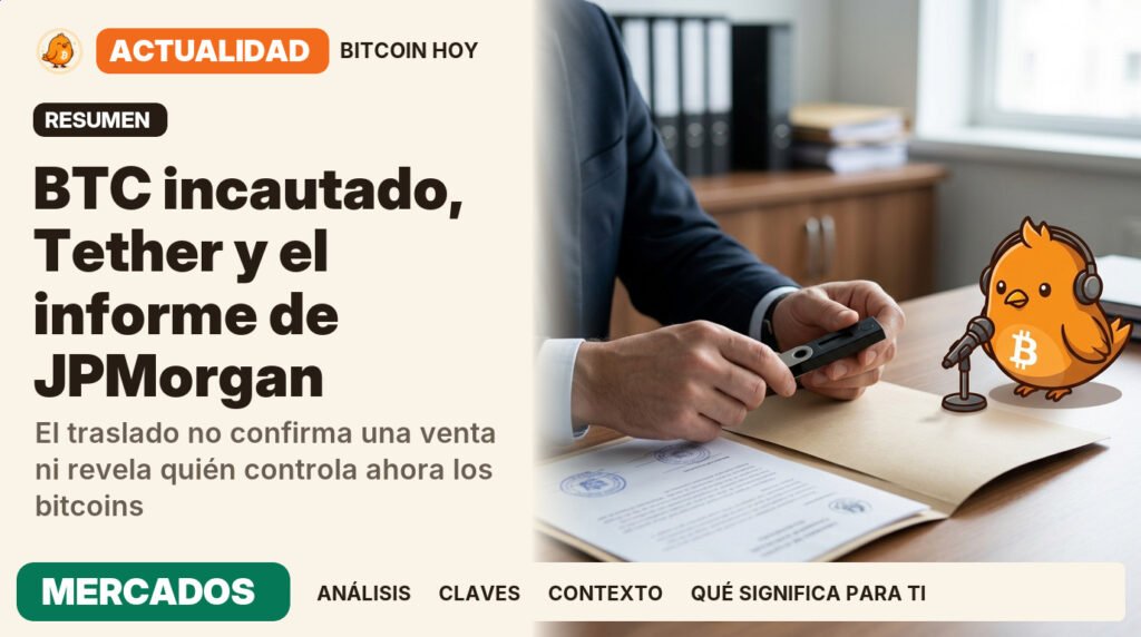 Pajarito, vestido de locutor de radio, junto al titular «EE. UU. mueve bitcoin incautado». El traslado no confirma una venta ni revela quién controla ahora los bitcoins. Actualidad · MERCADOS.
