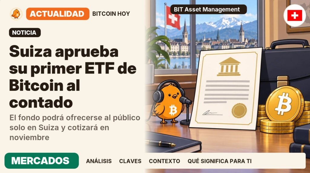 Pajarito, vestido de locutor de radio, junto al titular «Suiza aprueba un fondo de Bitcoin». El fondo podrá ofrecerse al público solo en Suiza y cotizará en noviembre. Actualidad · MERCADOS.