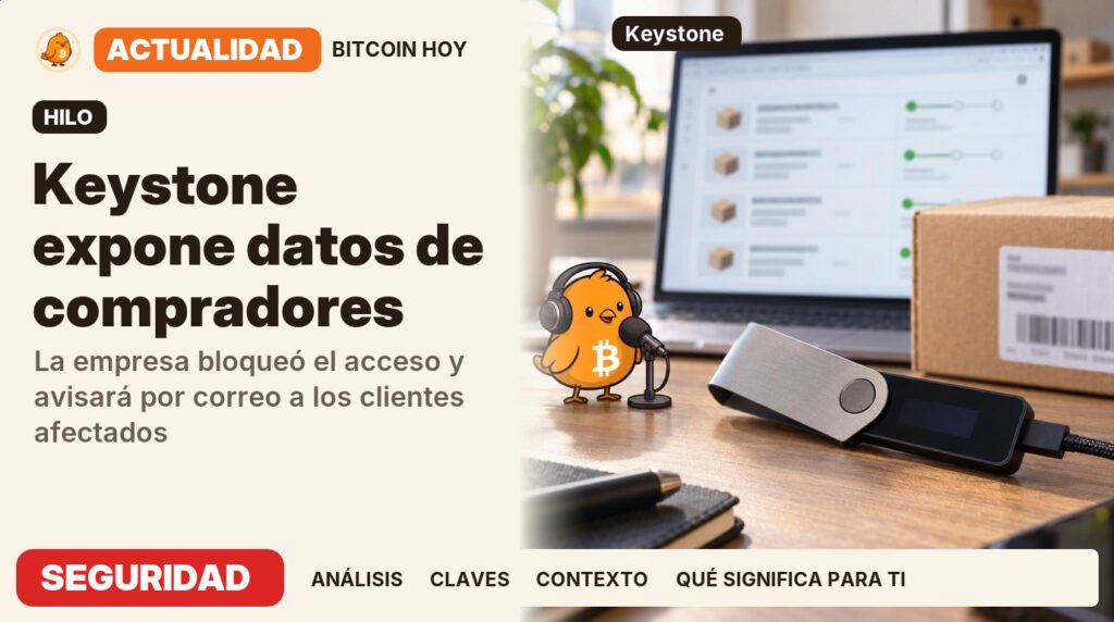 Pajarito, vestido de locutor de radio, junto al titular «Keystone expone datos de compradores». La empresa bloqueó el acceso y avisará por correo a los clientes afectados. Actualidad · SEGURIDAD.