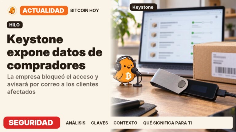 Pajarito, vestido de locutor de radio, junto al titular «Keystone expone datos de compradores». La empresa bloqueó el acceso y avisará por correo a los clientes afectados. Actualidad · SEGURIDAD.