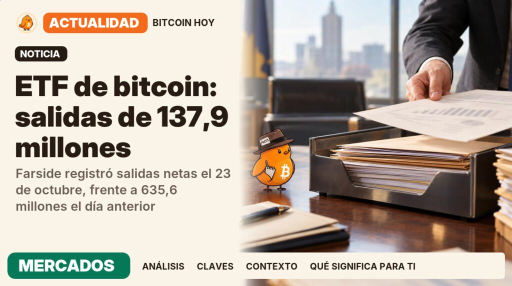 Pajarito, vestido de periodista clásico, junto al titular «ETF de bitcoin: salidas de 137,9 millones». Farside registró salidas netas el 23 de octubre, frente a 635,6 millones el día anterior. Actualidad · MERCADOS.