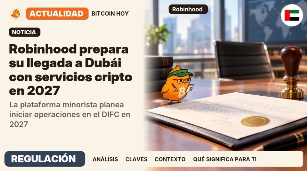 Pajarito, vestido de editor de redacción, junto al titular «Robinhood recibe autorización en Dubái». La plataforma minorista planea iniciar operaciones en el DIFC en 2027. Actualidad · REGULACIÓN.
