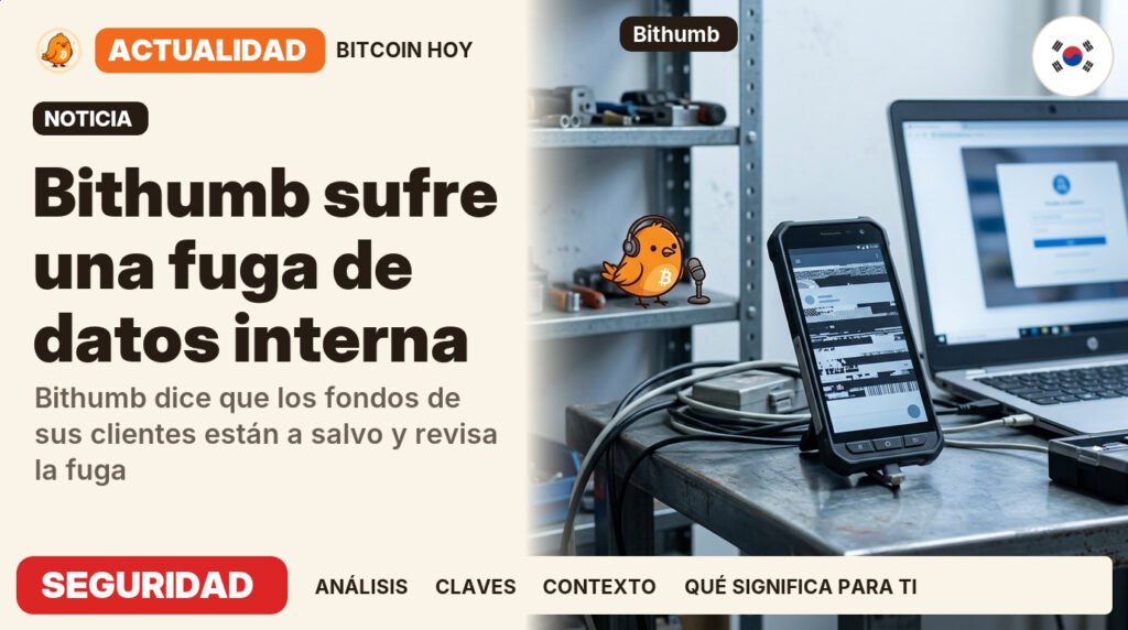 Pajarito, vestido de locutor de radio, junto al titular «Bithumb sufre una fuga de datos interna». Bithumb dice que los fondos de sus clientes están a salvo y revisa la fuga. Actualidad · SEGURIDAD.