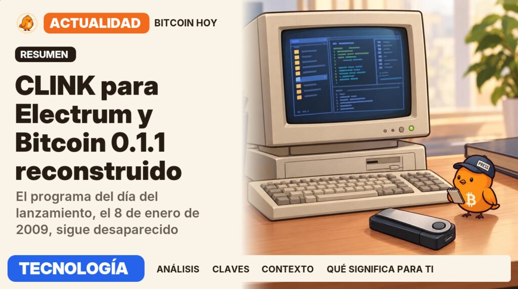 Pajarito, vestido de locutor de radio, junto al titular «CLINK llega a Electrum; reconstruyen Bitcoin 0.1.1». El programa del día del lanzamiento, el 8 de enero de 2009, sigue desaparecido. Actualidad · TECNOLOGÍA.